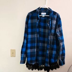 Large Columbia Blue and Black Plaid Shirt‎ with Lace Hem